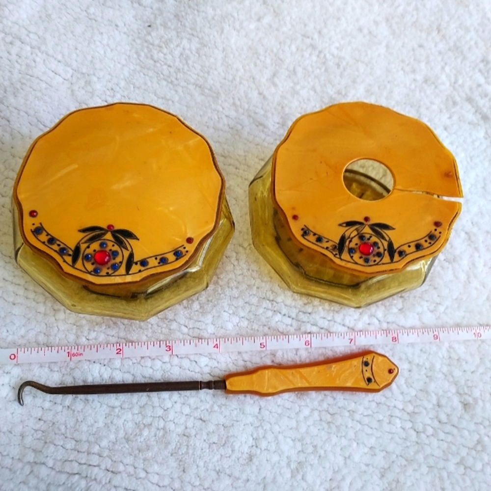 Antique Vintage Jeweled Celluloid & Glass Vanity Set